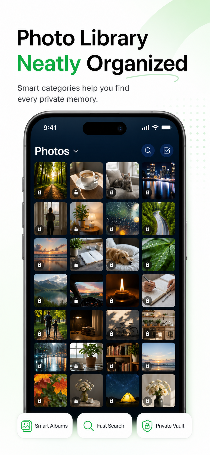 Mo Layer English App Store screenshot showing organized private photos