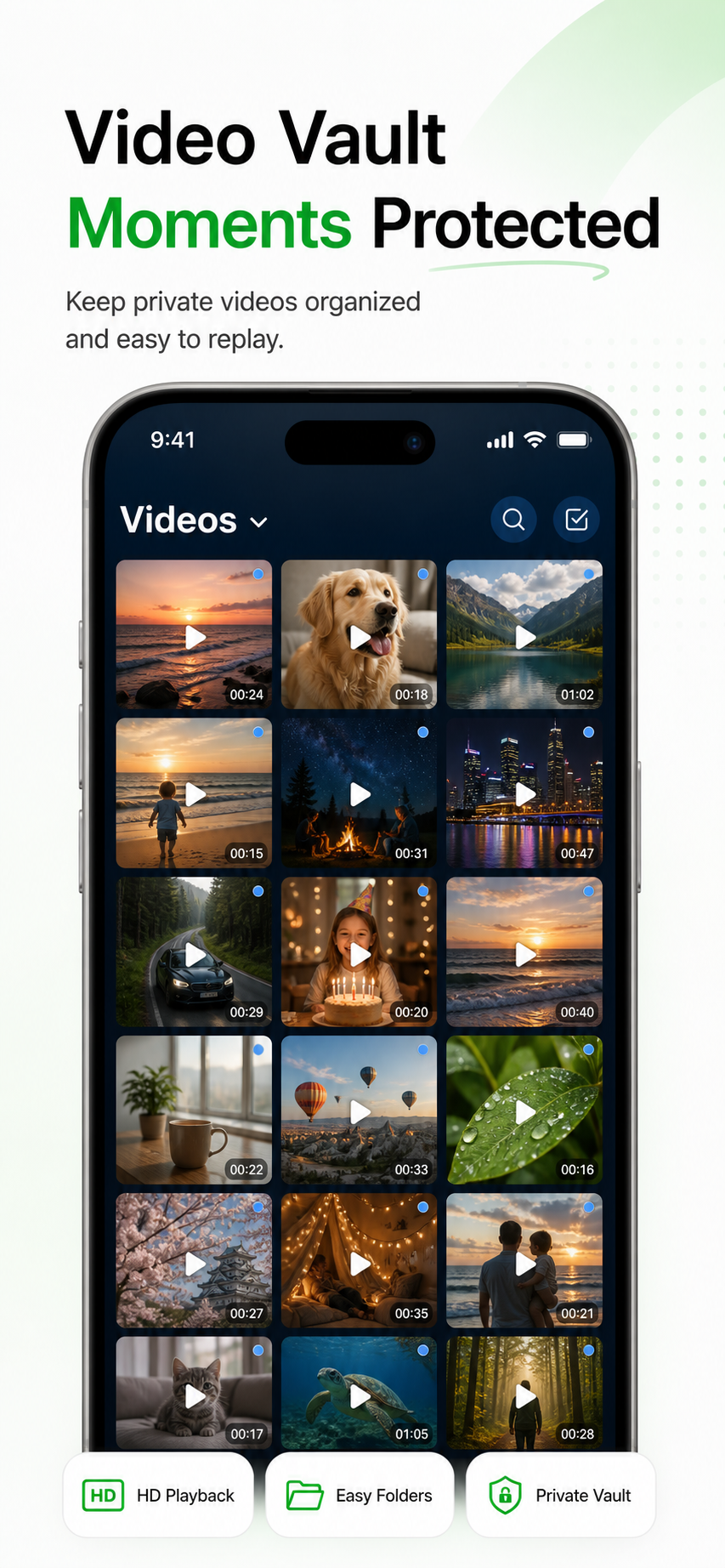 Mo Layer English App Store screenshot showing private video vault
