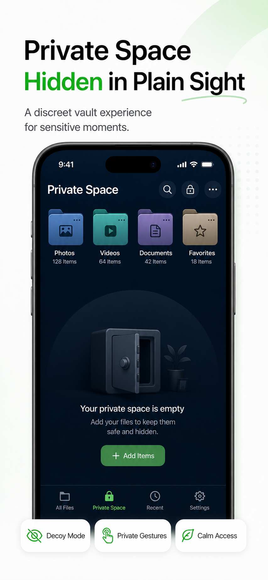 Mo Layer English App Store screenshot showing private space and decoy controls